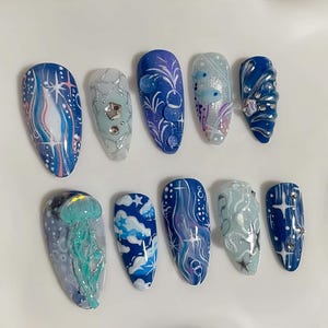 Blue charming graceful Nails, Wedding Nails,Handpainted Gel Nails, Floral Nails,  french Nails,Christmas nails,Almond Press On Nail,Gift