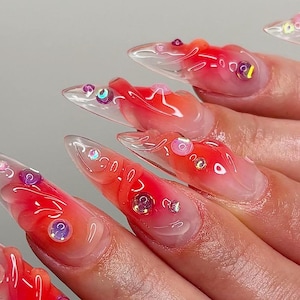 Lucky Summer golden fish Stylish  Nails, Wedding Nails , Hand painted Gel Nails, Floral Nails, Christmas nails, Almond Press On Nail, Gift