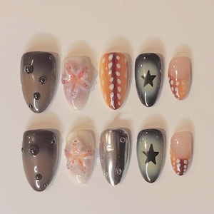 Exotic Seashell Nails, Wedding Nail, Hand painted Gel Nails, Floral Nails, Christmas nails, Almond Press On Nail, Gift