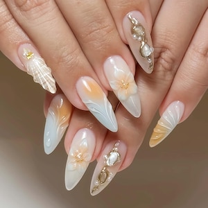 Dreamy 3D graceful Nail, Wedding Nails, Handpainted Gel Nails, Floral Nails,  french Nails,Christmas nails,Almond Press On Nail,Gift for her
