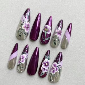 Purple  Elegant Nails ,Long Nails ,Delicate Nails, Nail Design ,Fashion Nails  Stylish Nails, Nail Stickers ,Floral Nails