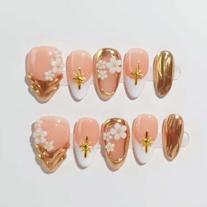 Enchanting Elegant Brown Nails,Wedding Nails , Hand painted Gel Nails, Floral Nails,  Christmas nails, Almond Press On Nail,Gift