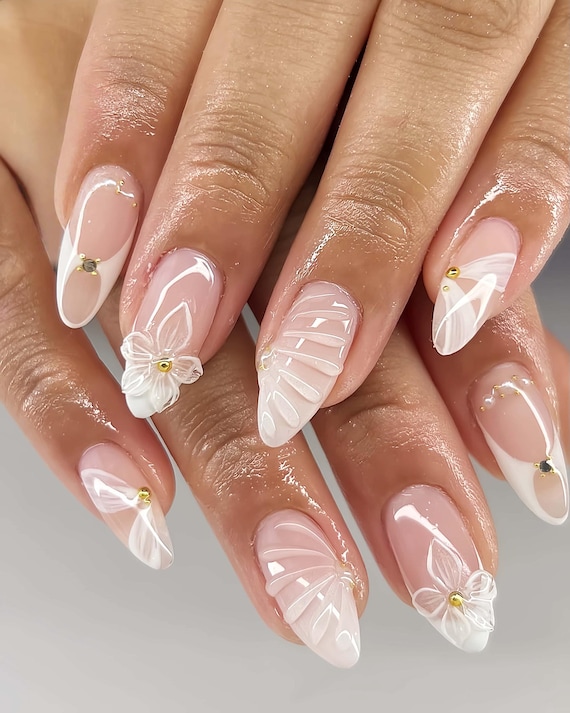 French Charming Graceful 3d Nail, Wedding Nail, Handpainted Gel