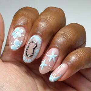 Blue shinning star Nail, Wedding Nails, Handpainted Gel Nails, Floral Nails,  french Nails,Christmas nails,Almond Press On Nail,Gift for her