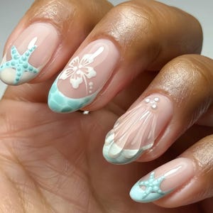 Sea french Nail, Wedding Nails, Handpainted Gel Nails, Floral Nails,  french Nails,Christmas nails,Almond Press On Nail,Gift for her