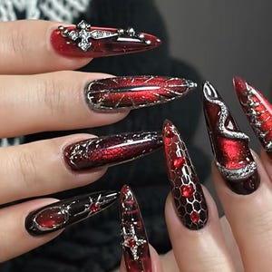 Snake - themed Nails ,  Red and Black Nails,  Gothic Nails, 3D Nail Art Dark - Style Nails, Glitter Nails, Fantasy Nails, Exotic Nails