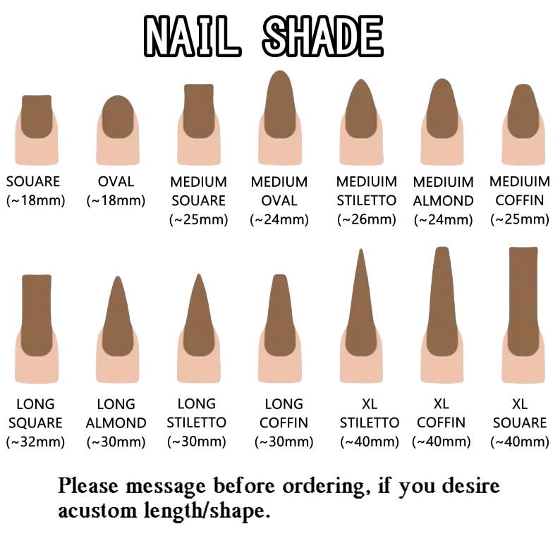 May include: Image showcasing various nail shapes and lengths, including square, oval, stiletto, and coffin styles. Each nail is a solid brown color, with measurements in millimeters. Text at the top reads "NAIL SHADE".