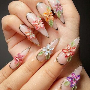 Stylish colorful flower Nail,Wedding Nails,Handpainted Gel Nails, Floral Nails, french ,Christmas nails,Almond Press On Nail,Gift for her