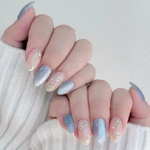 Dreamy Blue Shinning Nails, Wedding Nails , Handpainted Gel Nails,  french Nails,Christmas nails,Almond Press On Nail,Gift for her