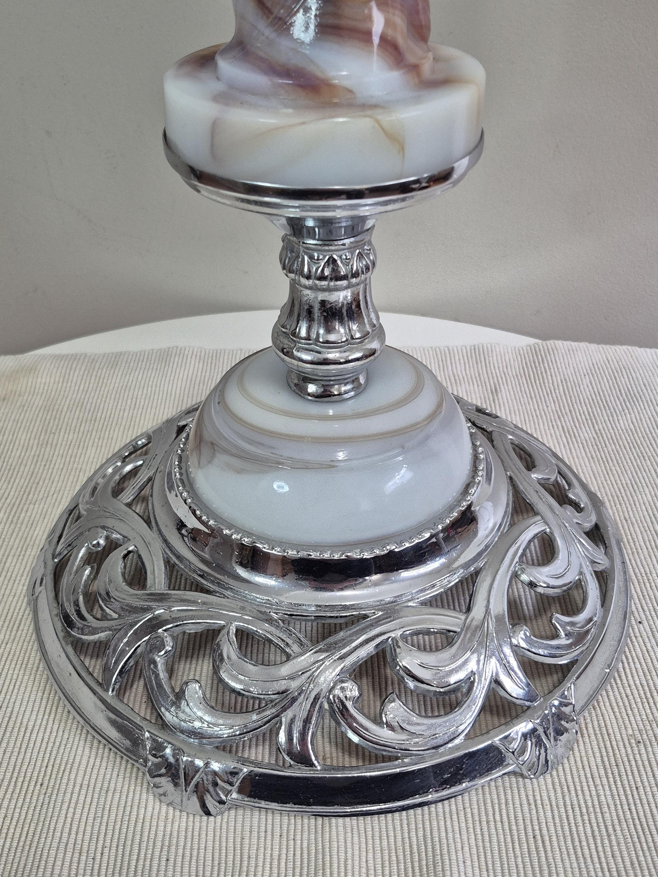 Vintage Marble Standing Ashtray With Ornate Handle, Glass Insert