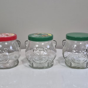 Vintage Kraft Peanut Butter Bear Glass Jar Red Lid Kraft Bear Jar Green Lid Kraft Bear Jar