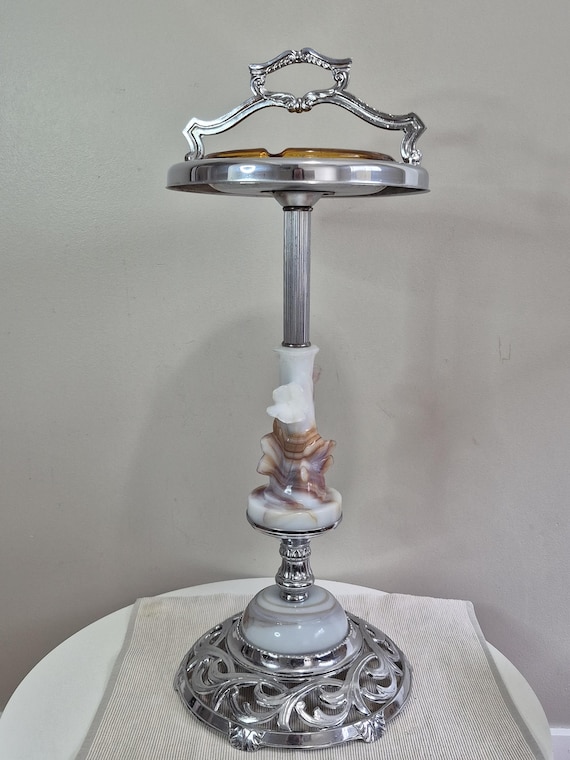 Vintage Marble Standing Ashtray With Ornate Handle, Glass Insert
