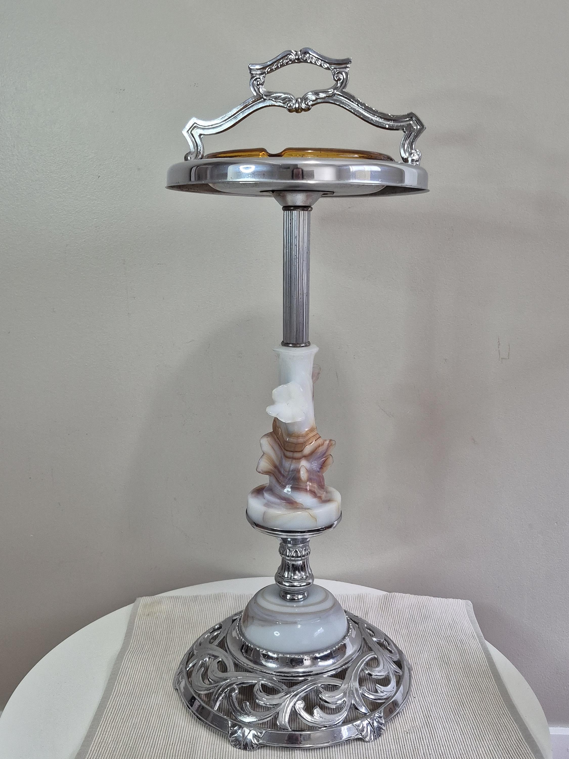 Vintage Marble Standing Ashtray With Ornate Handle, Glass Insert