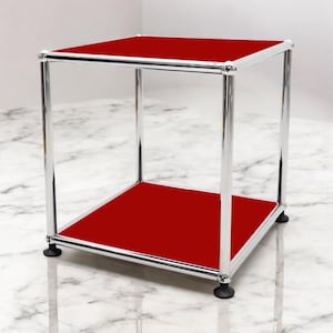 USM Haller side table 35 tubular chrome plated red shelves storage by fritz haller & paul schaerer modernist minimalist design