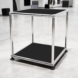 USM Haller side table 35 tubular chrome plated black ral9011 shelves storage by fritz haller & paul schaerer modernist minimalist design