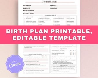May include: Printable birth plan template with sections for personal information, labor preferences, delivery preferences, monitoring, and postpartum care. The template is designed to be edited and personalized. The text "BIRTH PLAN PRINTABLE, EDITABLE TEMPLATE" is displayed in large, bold letters.