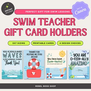 Portatarjetas de regalo para profesores de natación, tarjeta de regalo imprimible, regalo para entrenadores de natación, agradecimiento para entrenadores de natación, regalo para instructores de natación, plantilla de tarjeta de regalo Canva