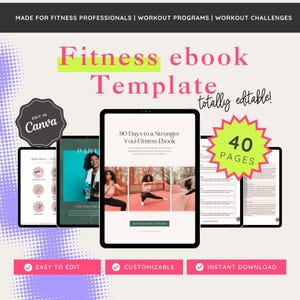 Könnte beinhalten: Eine rosa und grüne Grafik mit dem Text "Fitness ebook Template totally editable!" und einem Mockup eines Fitness-Ebooks mit dem Titel "90 Days to a Stronger You! Fitness Ebook". Die Grafik enthält auch eine rosa und grüne Sternform mit dem Text "40 PAGES" und ein rosa und grünes Häkchen mit dem Text "EASY TO EDIT", "CUSTOMIZABLE" und "INSTANT DOWNLOAD".