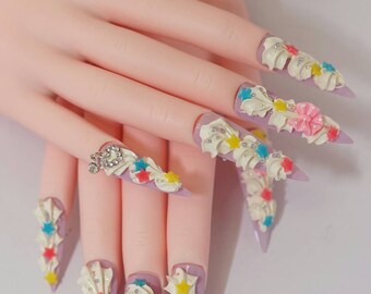 Nails, stiletto nails, super long nails, fairy kei, Japanese nails, 3D nails, kawaii, pastel, fake sweets, yume kawaii, drag queen, cream