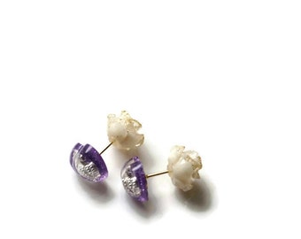 Double sided earrings, rose earrings, resin earrings, heart earrings, double earrings, purple jewelry, gift for her, gift for friend,