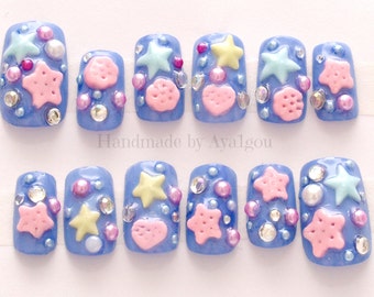 Deco nails, 3D nail, kawaii nail, blue nail, Harajuku, lolita fashion, sweet lolita, fairy kei, pastel fashion, Japanese nail art, star