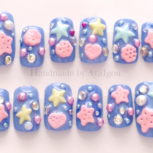 Deco nails, 3D nail, kawaii nail, blue nail, Harajuku, lolita fashion, sweet lolita, fairy kei, pastel fashion, Japanese nail art, star