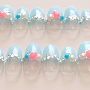 Summer nail art, pastel nail, blue nails, Japanese fashion, aqua blue, glittery, press on nails, oval nails image 2