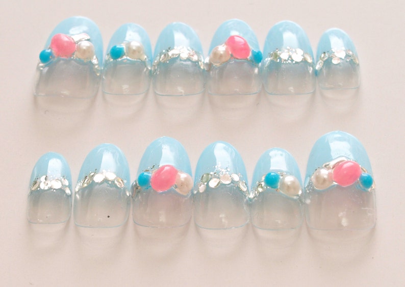 Summer nail art, pastel nail, blue nails, Japanese fashion, aqua blue, glittery, press on nails, oval nails image 2