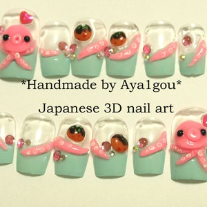 Octopus, takoyaki, squid, tentacle, mint nails, kawaii, deco nail, Japanese 3D nail, Harajuku, novelty, food nail, alternative, pastel,