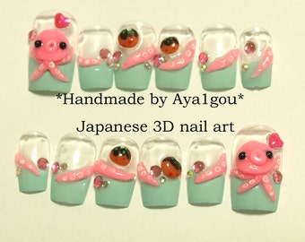 Octopus, takoyaki, squid, tentacle, mint nails, kawaii, deco nail, Japanese 3D nail, Harajuku, novelty, food nail, alternative, pastel,