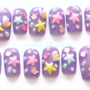 Kawaii nails, 3D nails, deco nails, pastel, fairy kei, mahou kei, magical girl, shooting stars image 1