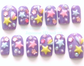 Kawaii nails, 3D nails, deco nails, pastel, fairy kei, mahou kei, magical girl, shooting stars