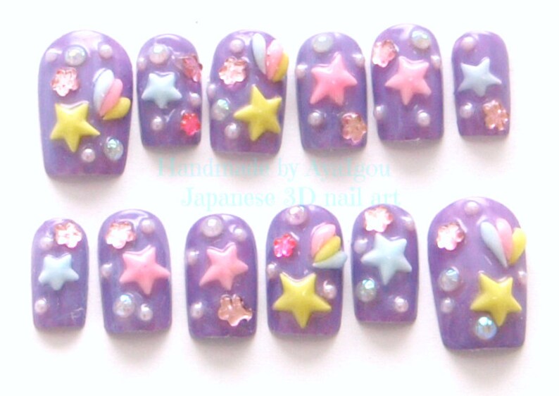 Kawaii nails, 3D nails, deco nails, pastel, fairy kei, mahou kei, magical girl, shooting stars image 1