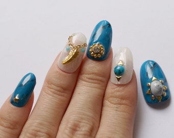 3D nails, handpainted nails, turquoise nails, foil nails, feather nails, boho, summer nails, ethnic nails, gel press on nails, gel nails