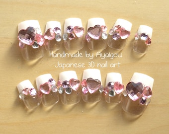 Kawaii nails, lolita fashion, sweet lolita, nail set, Japanese nail, 3D nails, fake nails, press on nails, french nail, nail gem, heart
