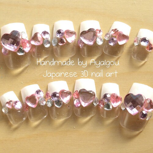 Kawaii nails, lolita fashion, sweet lolita, nail set, Japanese nail, 3D nails, fake nails, press on nails, french nail, nail gem, heart