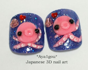 Toe nails, press on nails, octopus, 3D nail, kawaii nails, pedicure, sea, navy nail, blue nail, pink, funny nail art, tentacles