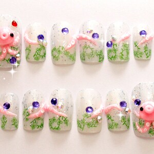 Octopus, squid, 3D nails, sea animal, nautical, kawaii nails, Japanese nail art, acrylic nail, glue on nail, cute nail, nail decal image 2