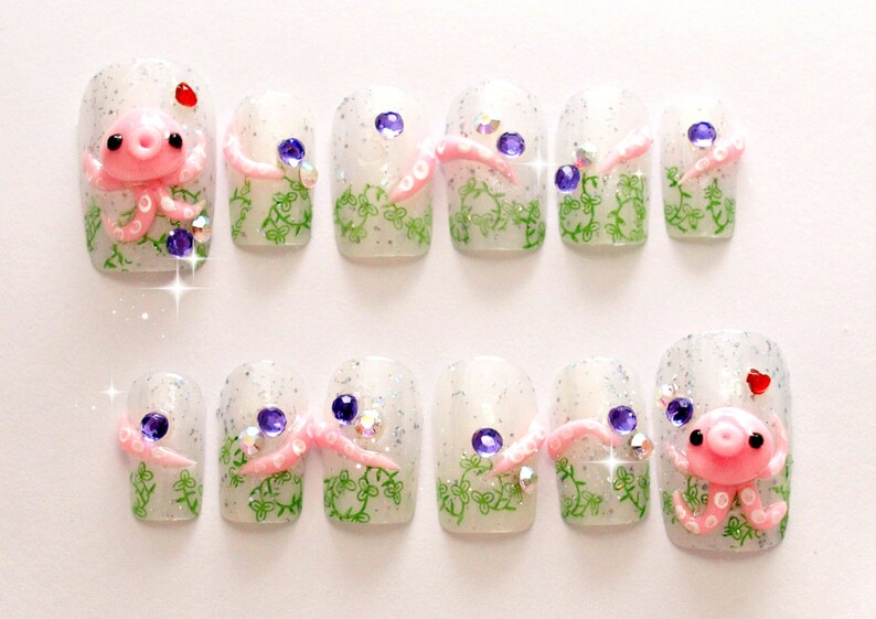 Octopus, squid, 3D nails, sea animal, nautical, kawaii nails, Japanese nail art, acrylic nail, glue on nail, cute nail, nail decal image 2