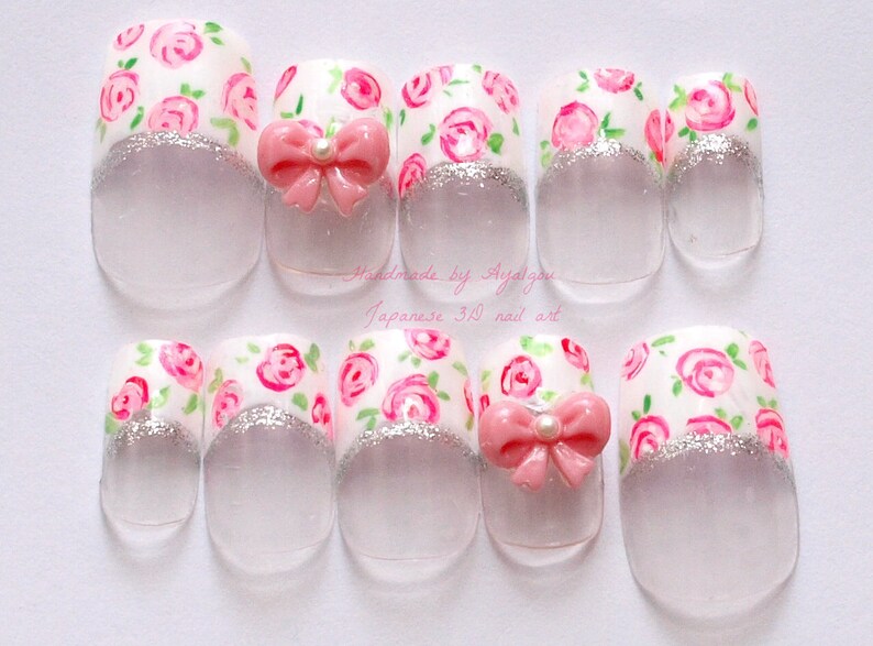 3D nails lolita kawaii white french tips floral print image 1