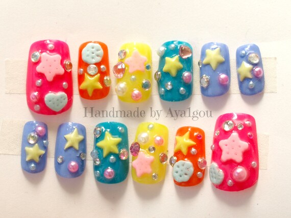 Christmas nails, Japanese 3D nails, rainbow, summer nail, star, Harajuku, pop kei, decora, Japanese fashion, vivid, kawaii nails, deco nail,