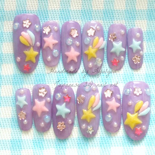 Long nails, pastel nail, star nail, sweet lolita, lolita accesory, shooting star, Japanese nail art, kawaii nails, cute nails, party nail