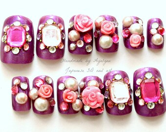 Lolita accessory, party nails, purple nail, 3D nail, rose, nail gem, nail bling, over the top, Harajuku,  Japanese, party nail, hime gyaru,
