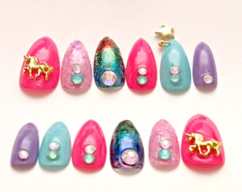 Stiletto nails, unicorn, nail dangling, multi color nail, nail foil, metallic nail, nail charm, neon pink, rainbow, Japanese 3D nails