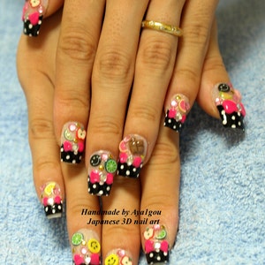 Decora nails, rockabily, novelty, kawaii nails, nail set, 3D nails, polka dot, bows, pink, black, Harajuku, kyary, Japanese nail, pop kei image 1