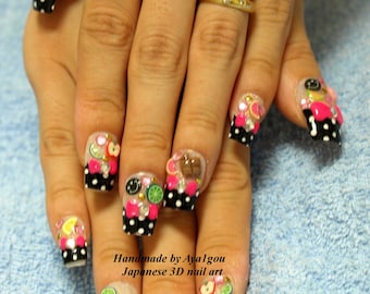 Decora nails, rockabily, novelty, kawaii nails, nail set, 3D nails, polka dot, bows, pink, black, Harajuku, kyary, Japanese nail, pop kei