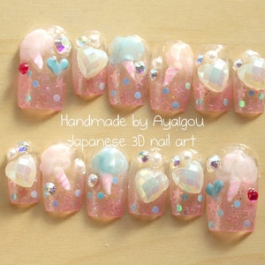 Nail art, Japanese 3D nails, fairy kei, Harajuku, pastel nails, kawaii, deco nail, sweet lolita, lolita accessory, yume kawaii, cotton candy