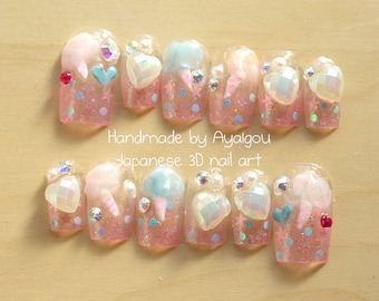 Nail art, Japanese 3D nails, fairy kei, Harajuku, pastel nails, kawaii, deco nail, sweet lolita, lolita accessory, yume kawaii, cotton candy