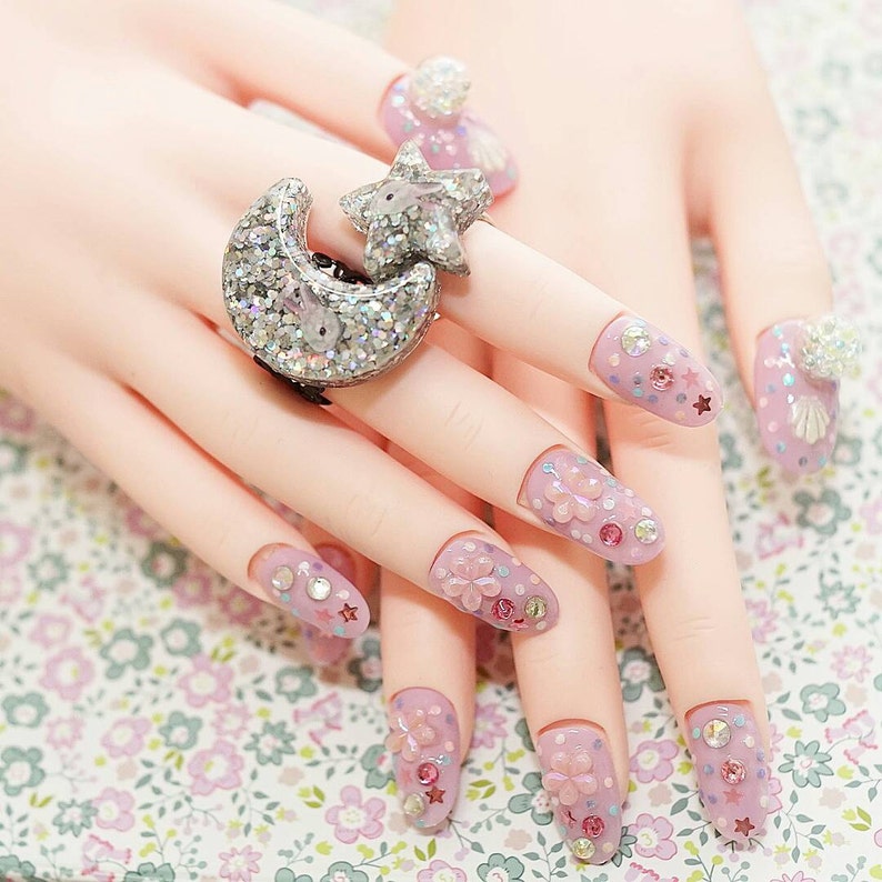 4D nails, Japanese nail art, lilac, sakura, fake nails, beads nail art, glass dome jewelry, oval nails, festive nails, Christmas nail art image 1