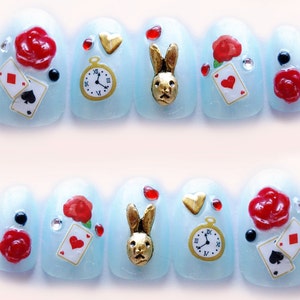 Alice au pays des merveilles, faux ongles, ongles kawaii, 3D ongles, faux ongles, lapin, ongle rose, bleu, japonais